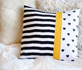 Cushion - Quilted Pillow - Black White and Yellow - 'Sunny Road'