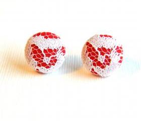 Red with White Lace Fabric Covered Button Stud Earrings