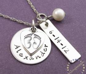 Mother charm Necklace: Handstamped mommy BABY FEET CHARM new mom baby