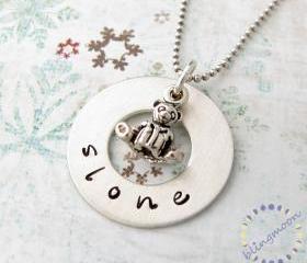 Personalized mothers necklace: teddy bear charm with handstamped name on washer