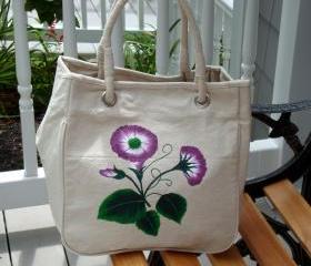 Painted Tote/ Purse/ Handbag wih Purple and White Flowers