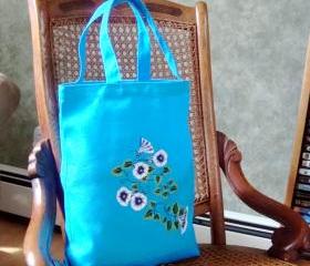Turquoise Tote Bag With White and Blue Flowers