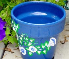 Blue Flower Pot/ Planter with Blue and White Flowers