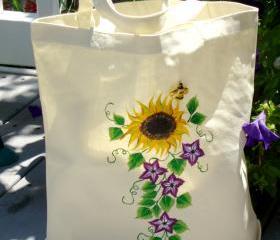 Tote Bag With A Yellow Sunflower and Purple Accent Flowers