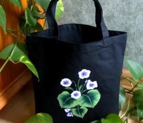 Black Tote Bag with Painted Violets