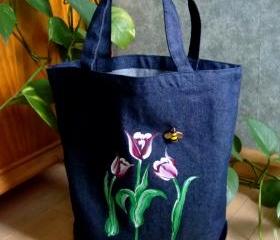 Denim Tote Bag with Red and White Tulips and a Bumblebee Charm