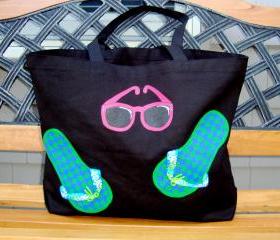Beach Bag / Tote With Painted Flip Flops and Sunglasses