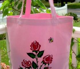 Two Strapped Pink Tote With Painted Red Roses