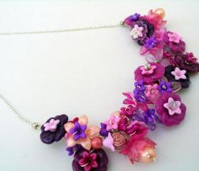 pink and plum floral bib necklace