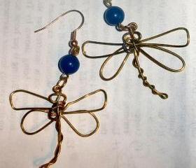 FREE SHIPPING Wire Dragonfly earrings with Lapis Lazuli
