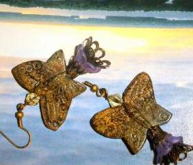 Stone butterfly earrings with Czech crystalsand purple flower beads