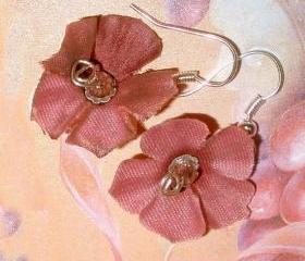 Silk flower earrings with Swarovski Crystals and sterling silver cute lightweight