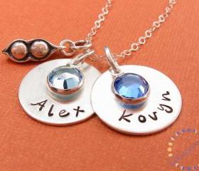 Personalized necklace: two PEAS in a POD sterling silver necklace with names TWINS