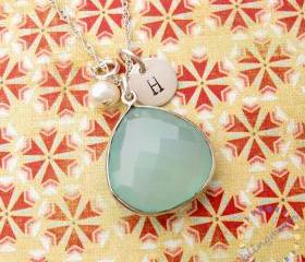 Aqua blue chalcedony necklace: sterling silver initial stamped bezel