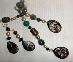 freshwater pearl necklace set lariet style jasper porcelain and vintage beads - matching earrings