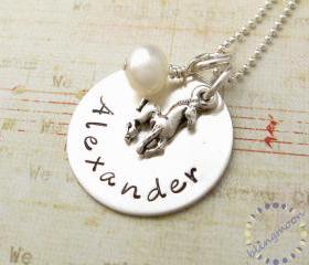 Horse Charm Personalized Necklace: Handstamped birthstone pony