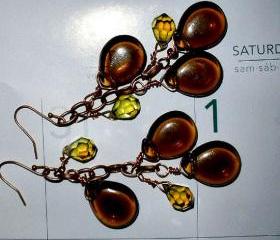 Long dangle earrings with genuine copper Margarita Green Czech glass and smoky crystal