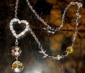 Rhinestone Heart necklace OOAK with vintage crystal beads FREE SHIPPING