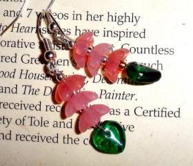 Czech glass stacked flower earrings in pink and green