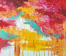 Gorgeous Bold Original Acrylic Painting FREE SHIPPING Autumn Sky 11 x 14 Fall Burgundy Crimson Ochre Cloud Xmas Gift Under 100 Decor