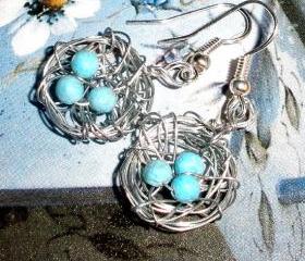 Birds nest earrings - wire and beads with silver plated earwires