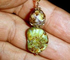 Gorgeous green earrings Czech glass fossil with gold plate