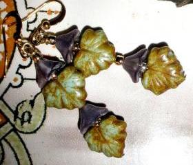 FREE SHIPPING Gorgeous leaf and flower earings Czech glass in lilac and dusty green