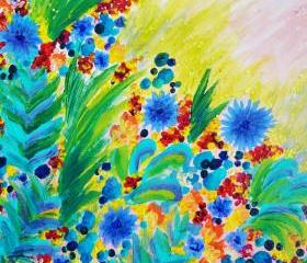 Beautiful Original Floral Painting, FREE SHIPPING 11 x 14 Bright Bold Rainbow Colorful Flowers Gift Under 100 For Her Christmas 2012
