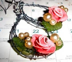 Rose earrings with vintage pearls on silver plated earwires