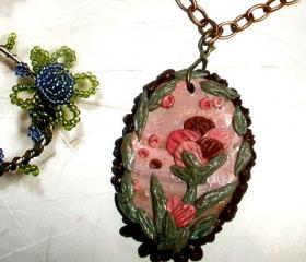 Pink floral necklace - Pink peony polymer clay brass chain with Czech crystals