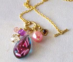Glass pendant necklace FREE SHIPPING with heart charm on gold plated chain