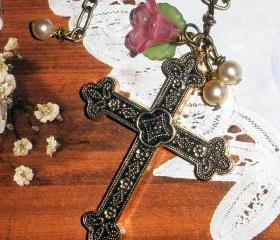 Large cross necklace FREE SHIPPING lucite flower and vintage simulated pearls