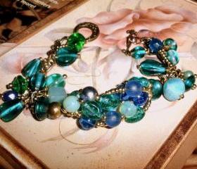 Blue green bracelet - woven wire - one of a kind