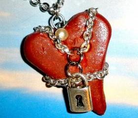 Chained heart necklace on silver plated chain - Steampunk Goth polymer clay heart pendant
