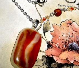 Fused glass necklace SALE with silver plated chain - Carnelian and crystals