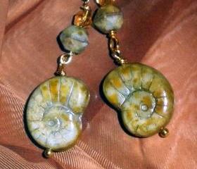 Czech glass earrings FREE SHIPPING gold and seafoam green - faux Ammonite fossils
