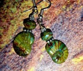 Beach jewelry earrings- czech glass fossil shells and beads with silver plate