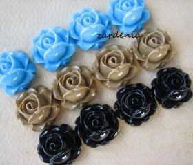 12PCS - Cabbage Rose Flower Cabochons - 15mm - Resin - Blue, Latte and Black - Findings by ZARDENIA