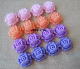16PCS - Cabbage Rose Flower Cabochons - 15mm - Resin - Pastel Mix - Findings by ZARDENIA