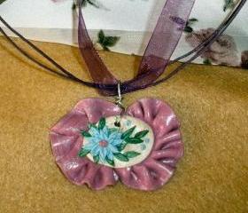 Ruffled pendant necklace Polymer Clay Flower Embroidery