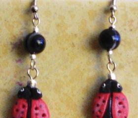Lady Bug earrings with genuine black agate