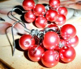 Large cluster earrings with pink glass pearls