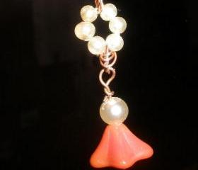 Tangerine orange flower earrings with vintage pearls