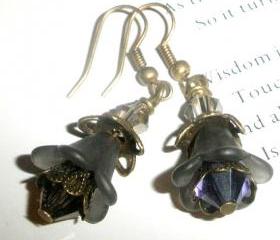 Grape Flower earrings dark purple with crystals and bronze
