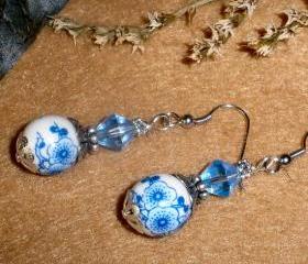Porcelain beaded earrings Blue Flowers
