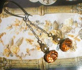 long crystal earrings Orange or Peach and Pearl chain - long and sparkly