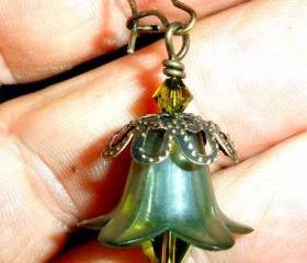 Olive green earrings FREE SHIPPING bell flowers with brass and Swarovski crystals