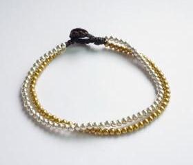 Silver and Gold Line - Double Strands of Silver Plated Beads and Brass Beads with Wax Cord Bracelet - Customized Bracelet - Gift under 10