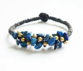 Deep Blue Sea - Cluster of Navy Blue Lapis Lazuli Stone Chip Beads and Brass Beads Bracelet - Gift under 15