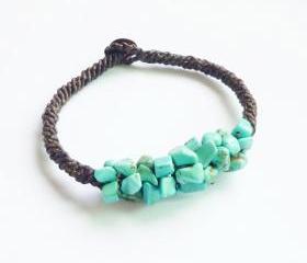 Cluster of Turquoise Blue Bracelet - Mix of Turquoise Blue Chip Beads woven with Black Wax Cord Bracelet/Bangle - Gift under 15